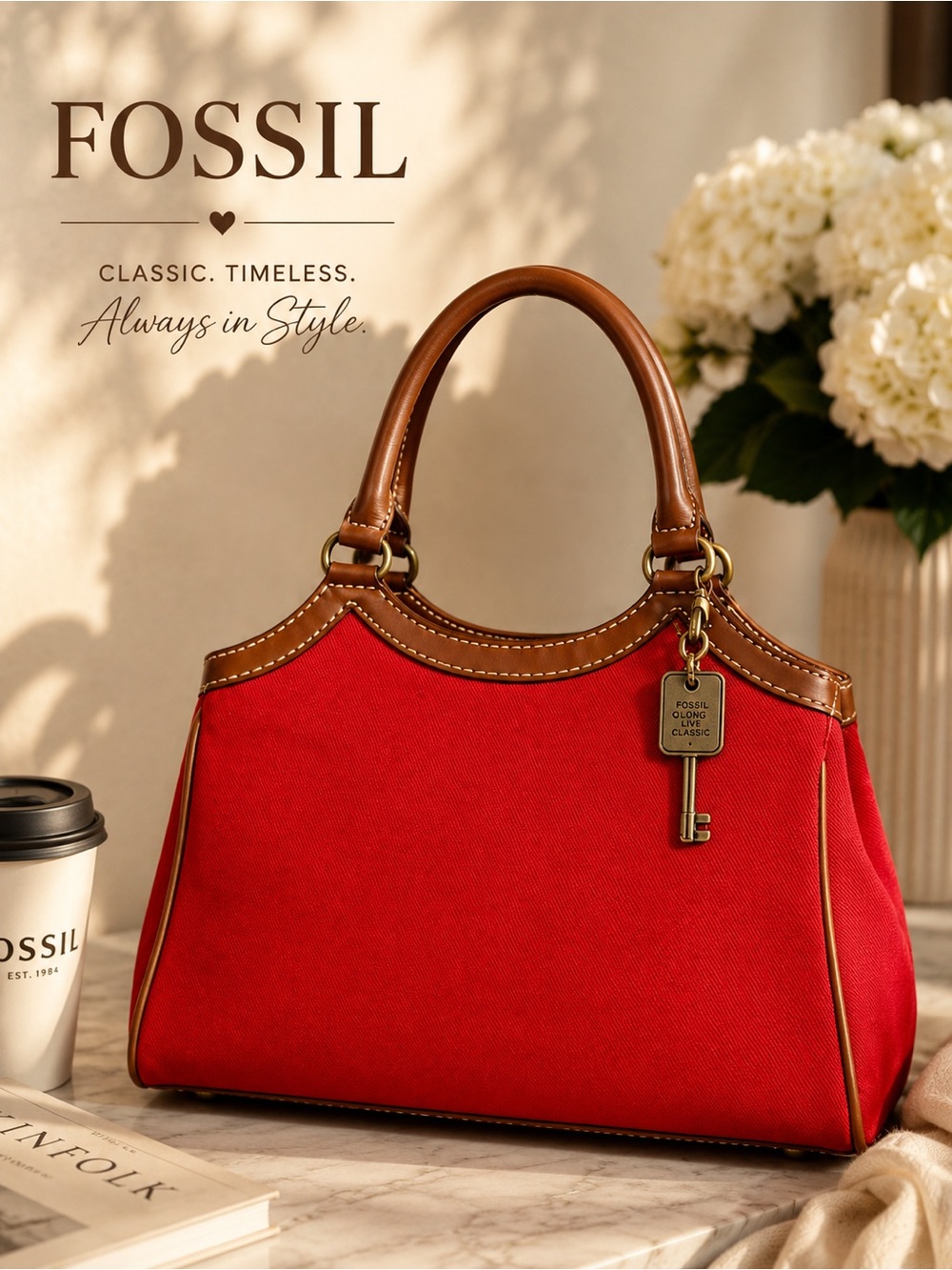 ✨ Bold Vintage Fossil Red Canvas Satchel Cognac Leather Trim Classic Timeless